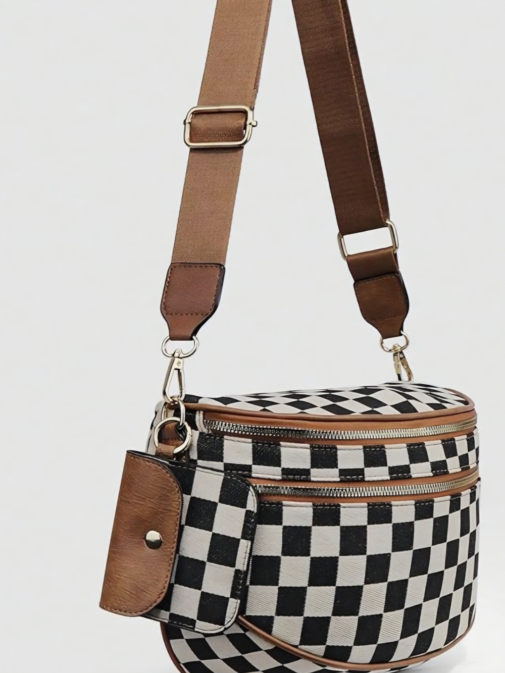 Checkerboard Crossbody Bag with Brown Trim
